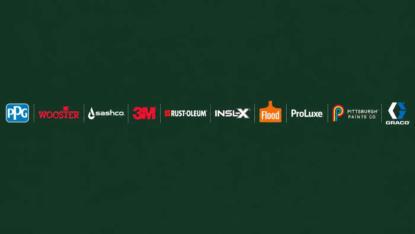 PPG, Wooster, Sashco, 3M, Rust-Oleum, INSL-X, Flood, ProLuxe, Pittsburgh Paints Co. and Graco